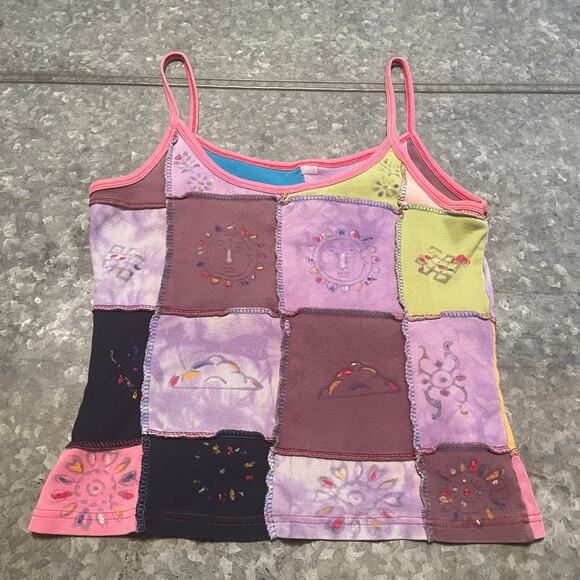 Vintage Y2K Patchwork Spaghetti Strap Tank Top Womens Small Boho Shirt 90s Indie - Picture 1 of 7